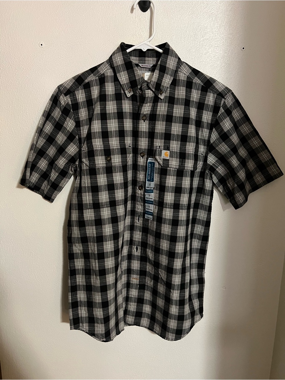 CARHARTT Classic Casual Short Sleeve Plaid Button Down Shirt Black Grey Men's S